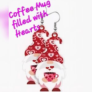 🔴 $15 🌞 VALENTINE'S Earrings Whimsical Red White Gnome Hearts & Coffee, NEW